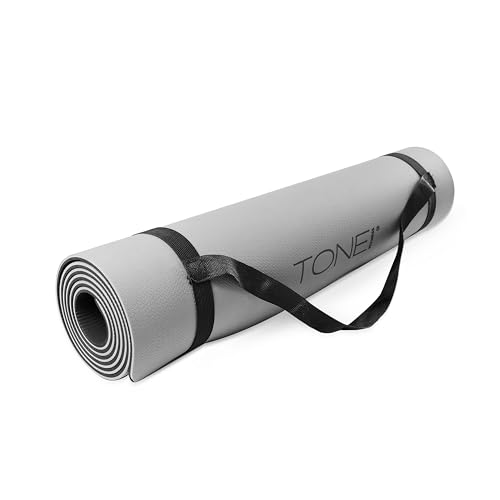 TONE Fitness Yoga Mat 1/4" Thick Non Slip Exercise & Pilates Mat for Home Workouts with Carrying Strap | Multiple Options - color: Black/Gray, style: V Pattern