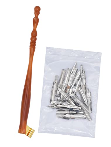 Gullor Oblique Calligraphy Dip Pen Nib Holder, Removable Nib Pen Handle Stand with 33 Nibs, Brown - color: Brown
