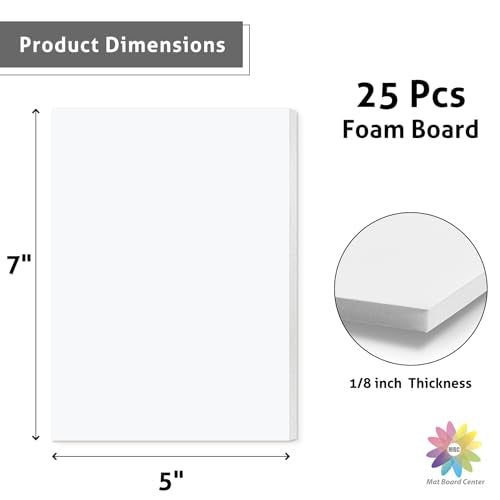 Mat Board Center 5x7x1/8" White High-Grammage Foam Core Boards Pack of 25 | Acid Free, Polystyrene, Warp-Resistant, Double-Sided Foam Poster Board, Easy to Cut & Write for Display, Draw, Crafts & Art - color: White, size: 5x7