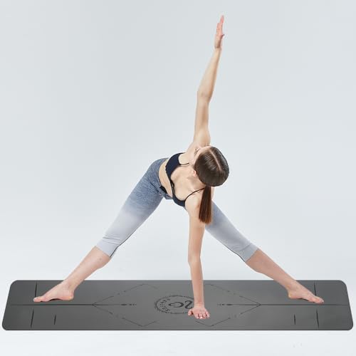 Natural Rubber Yoga Mat - Non Slip Non Toxic - 5mm Thick Yoga Mat for Hot Yoga/Pilates - Extra Large 26.8’’ with Alignment Guide - Sweat Proof - with Carrying Bag - color: Dark Grey