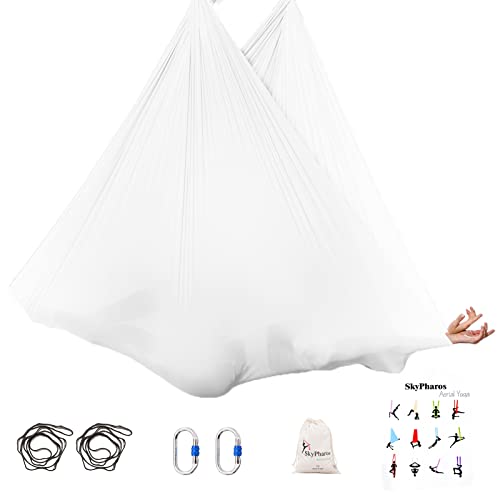 5.5 Yards Aerial Silks Yoga Swing Set - Aerial Yoga Hammock Kit Anti-Gravity Flying for Fitness, Low/Non Stretch Nylon Tricot Fabric Hardware Included for Dance - color: WHITE