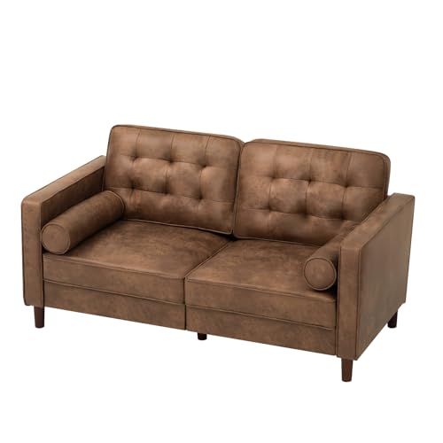 67" Suede Leather 2-seat Sofa with Two Bolster Pillows, Brown - color: Brown, size: 67" Loveseat