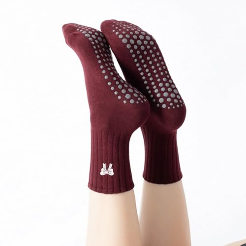 Women's Pilates Grip Socks, Ruffle Non Slip Bow Pattern Yoga Socks | Grippy, Frilly Trim, Embroidery, Crew Length, Soft Cotton, Arch Support, for Barre Ballet Dance Workout Hospital Home Gifts - color: C06-red (White Bow)*2