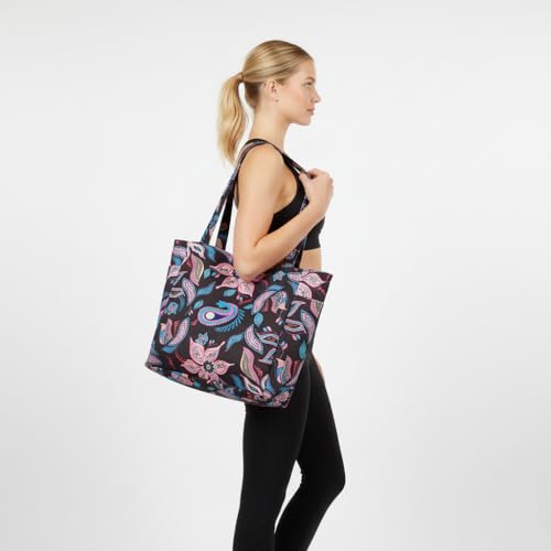Floral Paisley Pattern Yoga Bag, Canvas Tote with Blue and Pink Design, Spacious Carrier for Yoga Mat and Accessories - color: Black