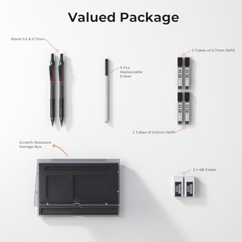 Nicpro 2 PCS Mechanical Pencil 0.5mm & 0.7 mm with Case | MP1000 Metal Artist Pencil Set with 4 Tubes HB Lead Refills, 2 Erasers, 9 Eraser Refills For Writing Drafting, Sketch, Black - color: Black