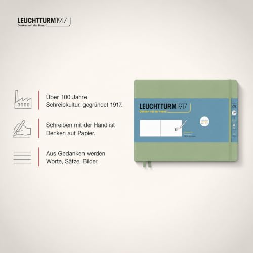 Leuchtturm1917 - Medium Landscape Hardcover Sketchbook (Sage) - 112 Pages of 150g/m² Paper | 150 g/m² drawing cardboard, blank, 112 pages, thread binding, folding pocket, bookmark, elastic closure, acid-free - color: Sage, size: Medium Landscape (A5)