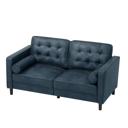 67" Suede Leather 2 Seater Sofa with Two Bolster Pillows, Blue - color: Blue, size: 67" Loveseat