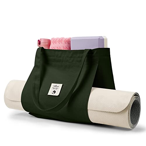 WLLWOO Yoga Mat Carrier Bag for Women Canvas Carryall Tote Gym Pilates | Large Holder Zipper Shoulder for Beach Travel Workout Fitness Office - color: Military green1