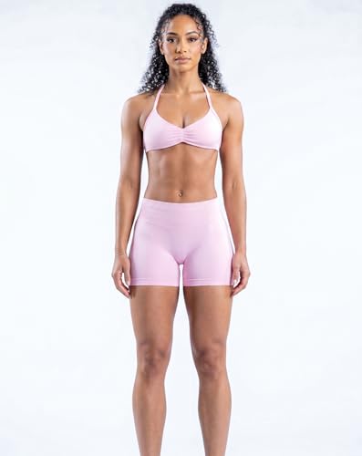 MOYOOGA 2 Piece Workout Sets for Women Seamless Shorts and Strappy Sports Bra Athletic Gym Yoga Matching Outfits - color: Light Pink, size: Large