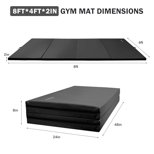 Fitvids 4'x8'x2" Gymnastics Mat, Home Exercise Mat with Carrying Handles, Folding Gym Workout Tumbling Mat for Yoga, Pilates, Stretching, MMA, Core Workouts, Fitness Aerobics Mats for Gym Training - color: Matte Black