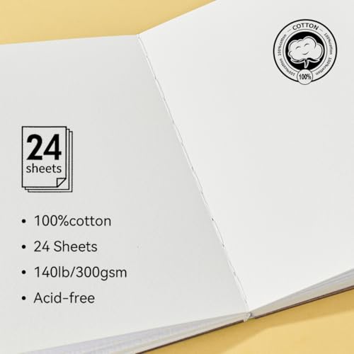 Lightwish Watercolor Journal, 100% Cotton Cold Press Watercolor Paper,140lb/300gsm Acid-Free, 24 Sheets 5.12x7.48” Sketchbook for Adults, Students