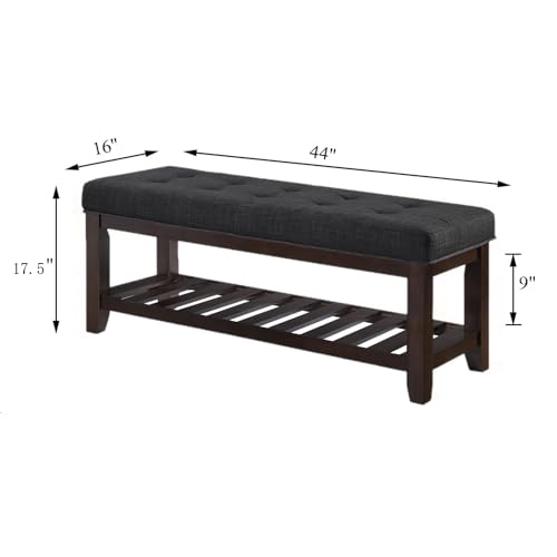 24KF Large Rectangular Upholstered Tufted Linen Ottoman Bench, Padded Bench with Solid Wood Shelf-Dark Gray - color: Dark Gray-bench, size: 16"D x 44"W x 17.5"H