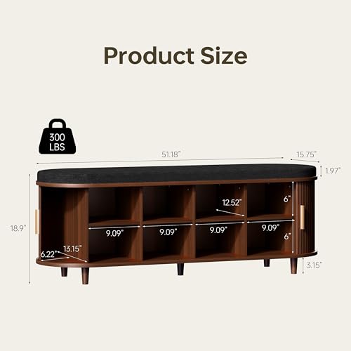 DHH 2-Tier Storage Bench,Wide Shoe Bench with Thickened Padded Seat Cushion, Mid Century Modern Fluted Sliding Door and Adjustable Shelf, for Entryway, Living Room, Bedroom (Walnut, 51.2”) - color: Walnut, size: 51.2 inch