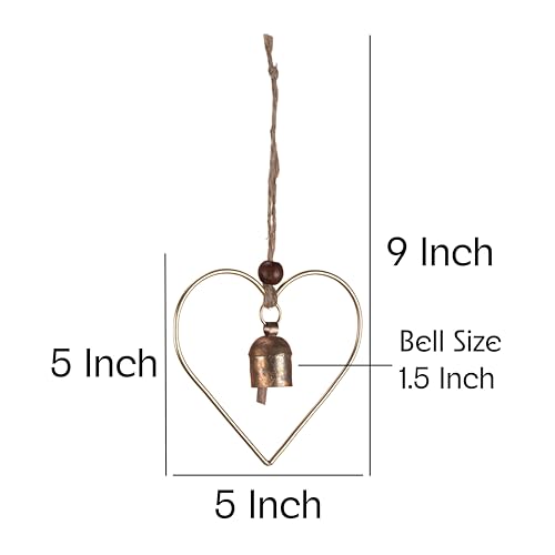 Rustic Heart Bell Wind Chime, Gold Bronze Metal, 5 x 5 inch Heart Frame with 1.5 inch Bell, Indoor Outdoor Decorative Hanging Ornament for Garden, Porch, Valentine's Day - color: Heart Chime