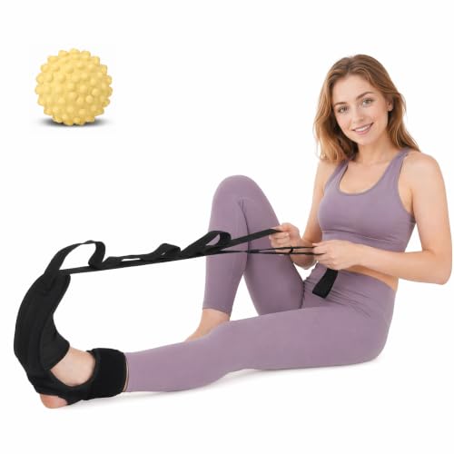 Plantar Fasciitis Night Splint Stretcher, Foot and Calf Streching Strap for Heel Spurs, Foot Drop, Achilles Tendonitis & Hamstring, Yoga Foot & Leg Stretch Strap with Yellow Massage Ball