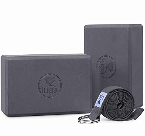 IUGA Premium Set- Includes 1 Yoga Block 2 Pack with Yoga Strap, 1 Eco Friendly Yoga Mat with Alignment Lines