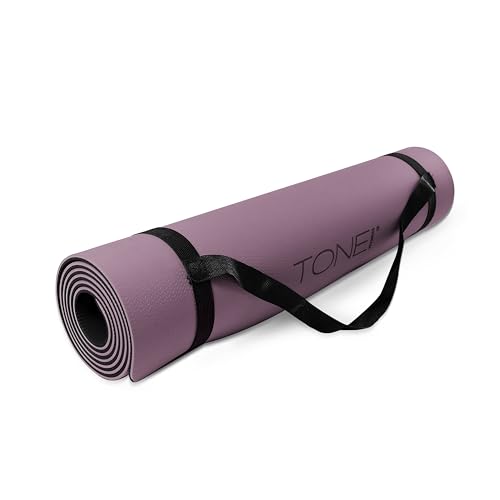 TONE Fitness Yoga Mat 1/4" Thick Non Slip Exercise & Pilates Mat for Home Workouts with Carrying Strap | Multiple Options - color: Black/Purple, style: V Pattern