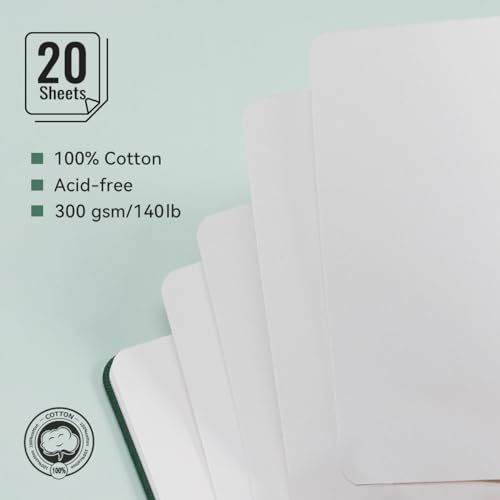 Lightwish Watercolor Journal, 100% Cotton Acid-Free Hot Press 300gsm/140lb | Hardcover Travel Sketchbook, Elastic Band Micro-Perforated 20 Sheets 7.6×5.1 Inch for Watercolor Gouache Acrylic Mixed Media - color: Green, size: 7.6*5.1 Inches