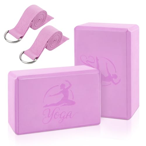 2 Yoga Block and 2 Yoga Strap Set,Non-slip EVA Foam Blocks, High Density Yoga Bricks with 6ft Strap, Supportive Latex-Free Yoga Block Accessories for Pilates - color: Pink B