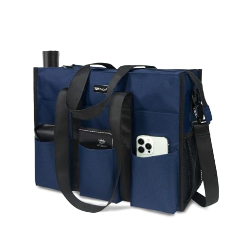 TOPDesign Utility Water Resistant Tote Bag with 22 Pockets, Top Zipper Closure & Thick Bottom Support, for Working Women - color: Blue, size: Medium