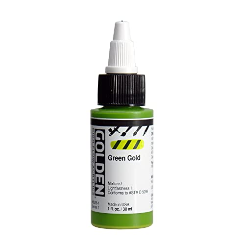 GOLDEN High Flow Acrylics, Green Gold, 1 fl. oz. Bottle | Artist grade paint blending the strength of acrylic and versatility of ink for spraying, drawing, staining and mixed media. - color: Green Gold