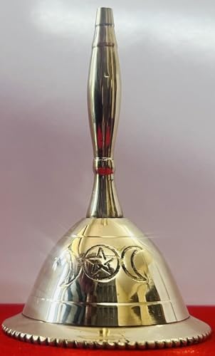 Indian Consigners Hand Bell Loud Brass Call Bells 3 Inches Altar Pendulam Use (Triple Moon Pentagram) - color: Triple Moon Pentagram