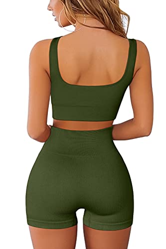 QINSEN Workout Sets for Women 2 Piece Seamless Ribbed Crop Tank High Waist Shorts Yoga Outfits - color: Army Green, size: Large