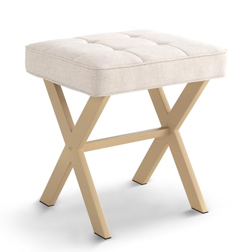 LUE BONA Square Linen Makeup Stool, Metal X Legs, Small Ottoman Stool Chair for Vanity, Modern Padded Seat Foot Rest for Makeup Room, Bathroom - color: Linen Color-sand Legs