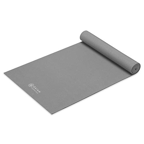 Gaiam Essentials 1/4" Thin (6mm) Yoga & Pilates, Fitness & Exercise Mat with Easy-Cinch Carrier Strap Cusion Support For Fitness and Gym Workouts - color: Grey
