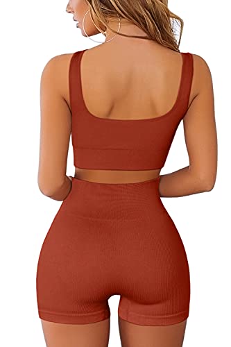 QINSEN Workout Sets for Women 2 Piece Seamless Ribbed Crop Tank High Waist Shorts Yoga Outfits - color: Brick Red, size: Medium