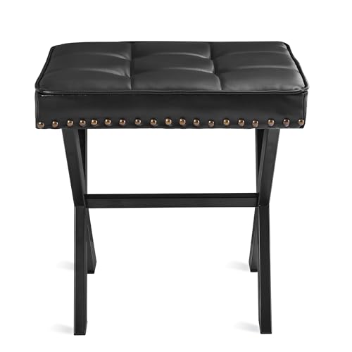 LUE BONA Vanity Stool - Square Faux Leather Makeup Seat With Metal X Legs, Small Ottoman Chair for Makeup Room, Living Room - Modern Padded Foot Rest, Black - color: Black