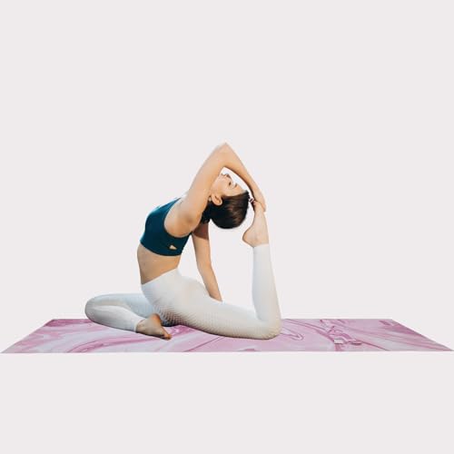VI-FA Soft Yoga Mat Towel Hot Yoga Towel Non Slip Microfiber Yoga Mat Cover with 6 Feet Yoga Strap/Mat Carry Strap for Workout, Gym, Fitness -Pink Marble Pattern 68" X24''
