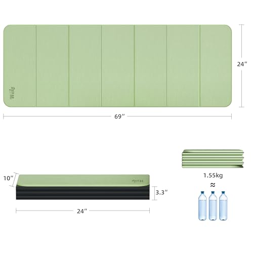 WEILA 1/2 Inch 70"x24" Foldable TPE Yoga Mat, Thick Non Slip Pilates Mat - color: Light Green