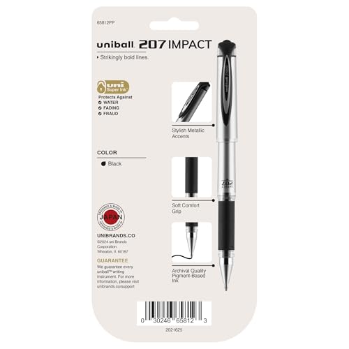 uni-ball Signo 207 Impact Stick Gel Pen, 4 Black Pens, 1.0mm Bold Point Gel Pens, Smooth Writing, Archival-Quality Ink, Acid-Free, Superior Comfort | Bold gel ink lay-down for pronounced lettering, fraud-resistant uni Super Ink, water & fade-resistant, co