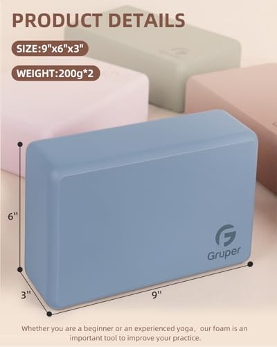 Gruper Yoga Blocks 2 Pack, 9"x6"x3" Exercise Blocks High-Density EVA Foam Blocks with Soft Non-Slip Surface, Lightweight Yoga Props for Yoga Pilates Meditation & Stretching - color: Grayish Blue