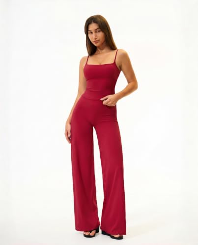 Womens Two Piece Workout Sets Spaghetti Straps Crop Top Matching Straight Leg Pants Gym Yoga Pilates Outfits - color: Ruby Red, size: Large