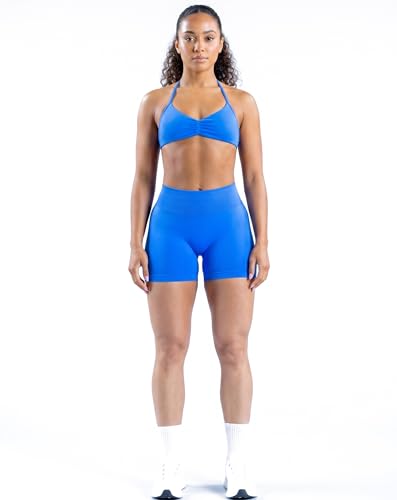 MOYOOGA 2 Piece Workout Sets for Women Seamless Shorts and Strappy Sports Bra Athletic Gym Yoga Matching Outfits - color: Electric Blue, size: Large