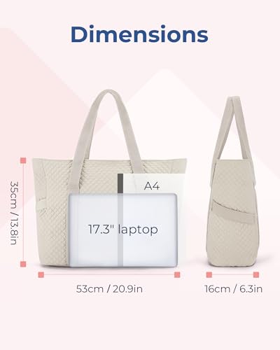 BAGSMART Crush Tote Bag for Women, 20L Puffer Work Tote with Zipper, Travel Essentials Quilted Nurse Hospital Bag - color: Beige
