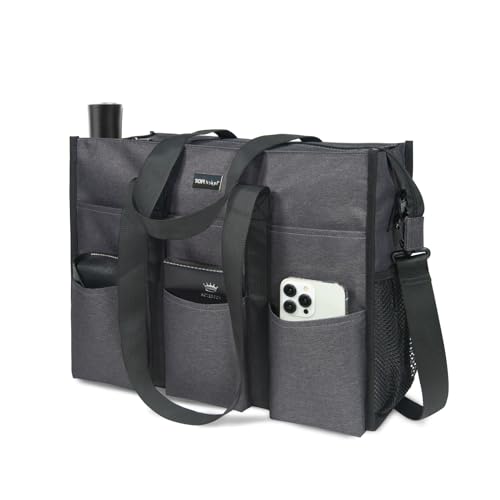 TOPDesign Utility Water Resistant Tote Bag with 22 Pockets, Top Zipper Closure & Thick Bottom Support, for Working Women - color: Grey, size: Medium