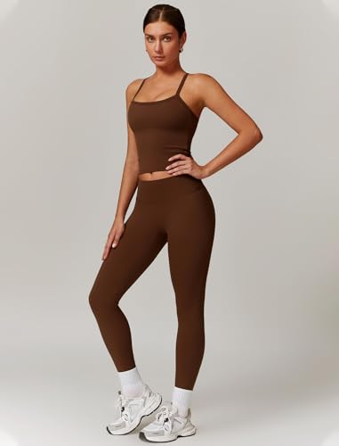 QBGJTD Womens Workout Sets Two Piece Cross Back Tank Top Matching High Waist Leggings Sets Gym Outfits Work Out Clothes - color: Brown, size: Large