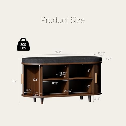 DHH 2-Tier Storage Bench,Wide Shoe Bench with Thickened Padded Seat Cushion, Mid Century Modern Fluted Sliding Door and Adjustable Shelf, for Entryway, Living Room, Bedroom (Walnut, 35.4“) - color: Walnut, size: 35.4 inch