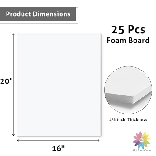Mat Board Center 16x20x1/8" White High-Grammage Foam Core Board Pack of 25 | Acid Free, Polystyrene, Warp-Resistant, Double-Sided Foam Poster Board, Easy to Cut & Write for Display, Draw, Crafts & Art - color: White, size: 16x20