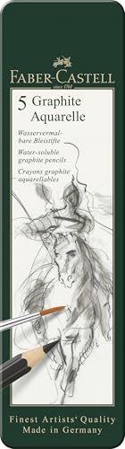 Faber-Castell 5 Piece Quality Water-Soluble Graphite Aquarelle Pencils in a Tin, Including HB, 2B, 4B, 6B and 8B, Grey