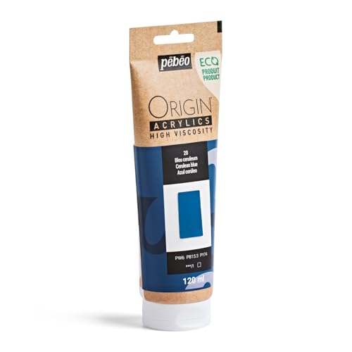 PEBEO Origin Acrylics 120ml Matte Acrylic Paint, Cerulean Blue | Soft sky-blue acrylic paint - matte, high viscosity, intense lightfast color, atmospheric mixes, 100% recycled binder - color: Cerulean Blue