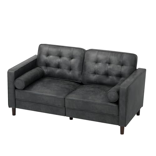67" Suede Leather Loveseat Sofa with 2 Soft Pillows, Grey - color: Grey, size: 67" Loveseat