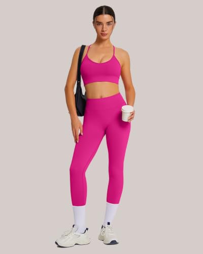 OMKAGI Padded Workout Sets for Women Cross Back Tank Gym Leggings Outfits - color: 772-peach Powder, size: Small