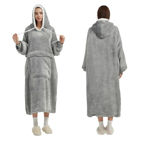 Qeils Wearable Blanket Hoodie for Women, Comfy Sherpa Sweatshirt Blanket as Birthday Christmas Gifts, Oversized Pullover Jacket Blanket Hoodie for Adult (Light Grey, Oversized) - color: Light Grey, size: Oversized