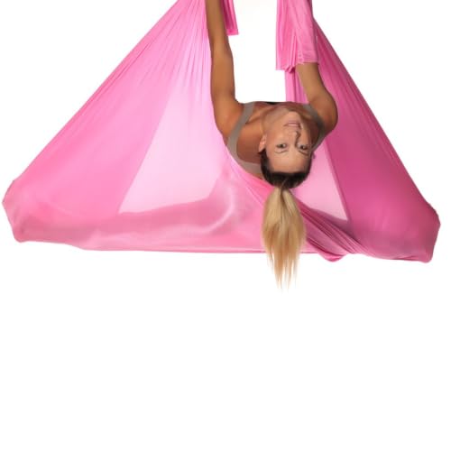 Aerial Yoga Hammock L:5M W:2.8M 5.5 Yards Aerial Pilates Silk Yoga Swing Set with 2000 Ibs Load Include Daisy Chain, Pose Guide - color: Sakura Pink