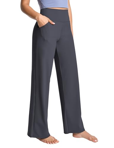 BUBBLELIME Women High Waist Wide Legs Yoga Pants Loose Sweatpants Pockets - color: 기본 와이드 레그_딥_그레이, size: M