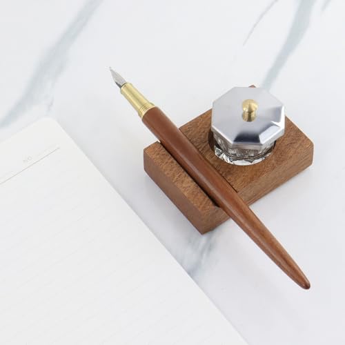 Crapyt Ink Well for Dip Pen Calligraphy Holder, Dip Pen Holder, Pen Rest | 2.83"×2.01"×0.79" Wood Desktop Pen Holder, Calligraphy Oblique Nib Holder